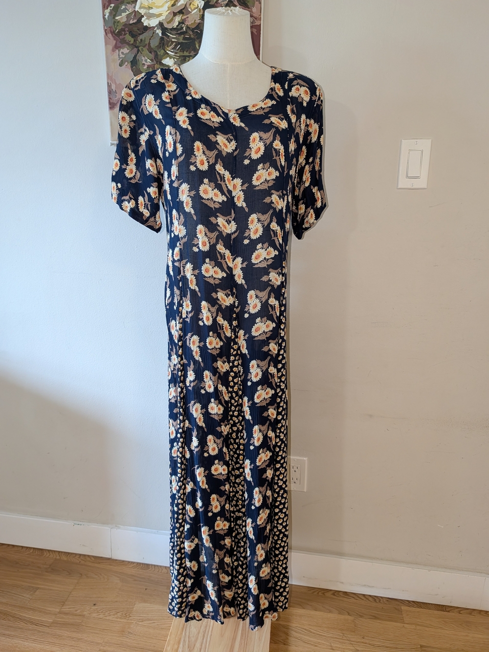 Vintage Navy Floral Maxi Dress With Back Ties